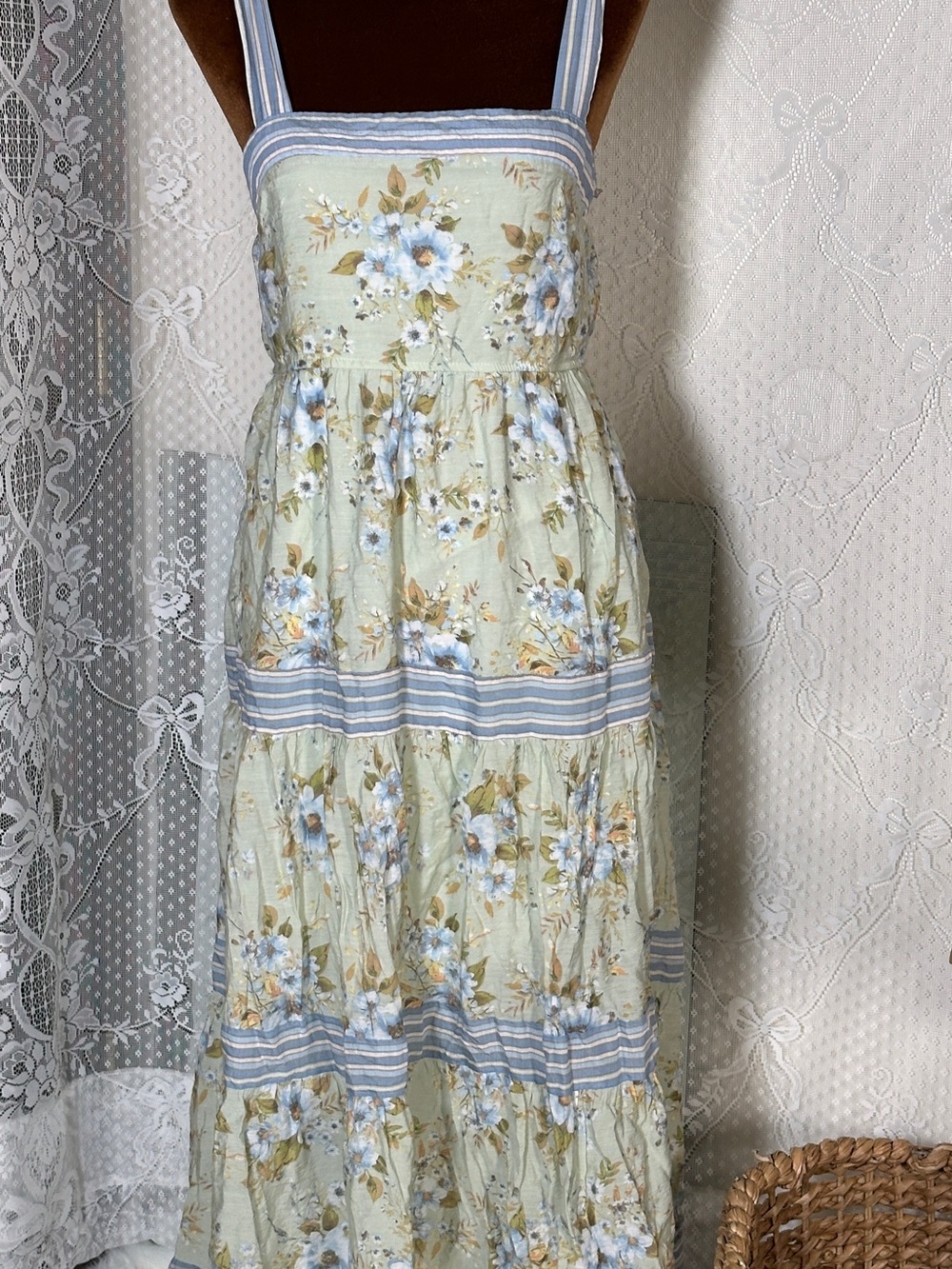 Sleeveless Floral Tiered Maxi Dress in Sage and Blue - Picture 2 of 5